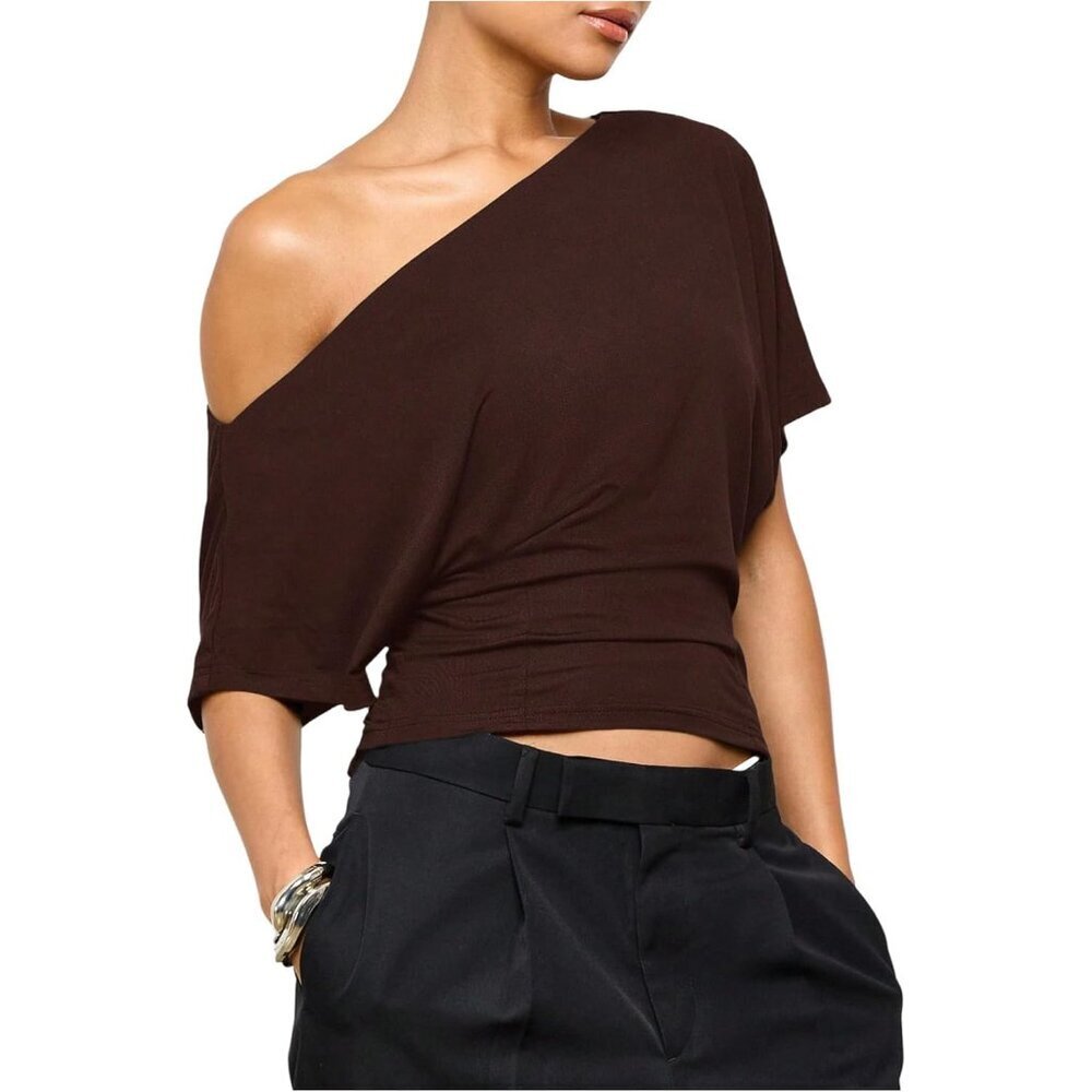 Women's Off Shoulder Crop Top Polyester Slim Fit Short Sleeve Trendy Y2K